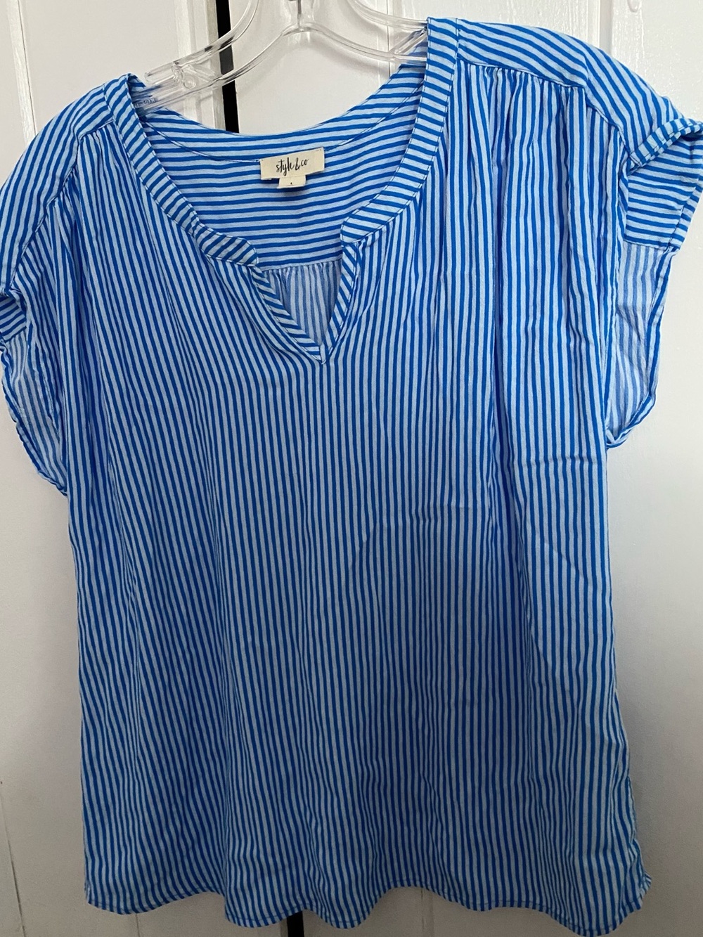 Style & Co. Blue & White Striped V-Neck Blouse